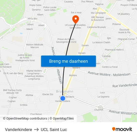Vanderkindere to UCL Saint Luc map