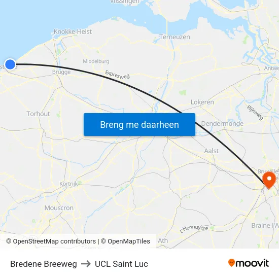 Bredene Breeweg to UCL Saint Luc map