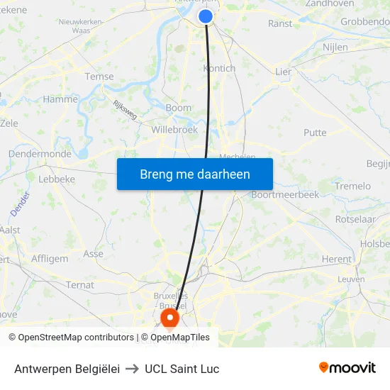 Antwerpen Belgiëlei to UCL Saint Luc map