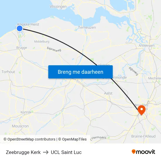 Zeebrugge Kerk to UCL Saint Luc map