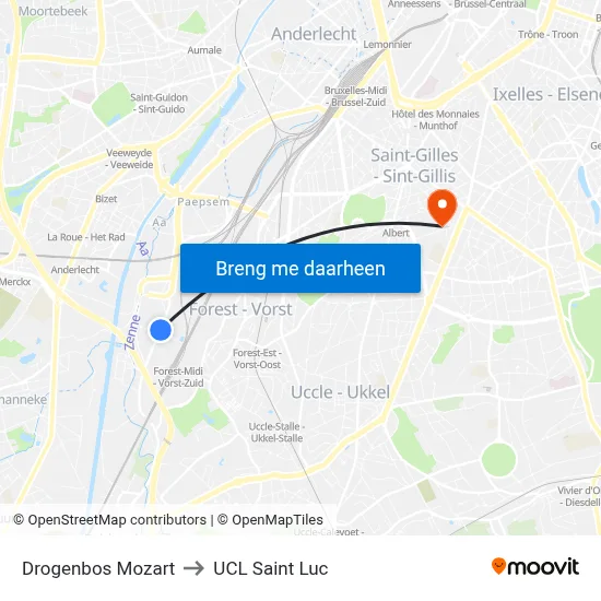 Drogenbos Mozart to UCL Saint Luc map