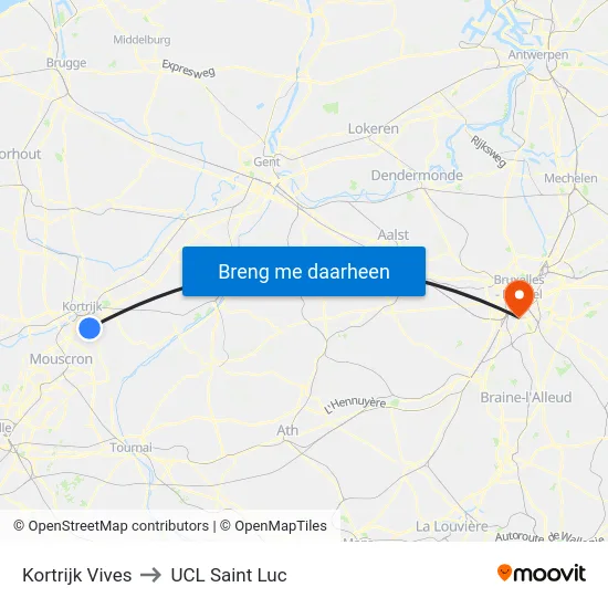 Kortrijk Vives to UCL Saint Luc map