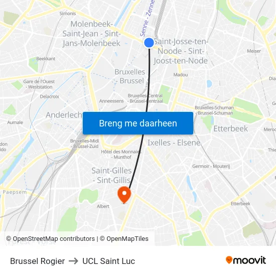 Brussel Rogier to UCL Saint Luc map