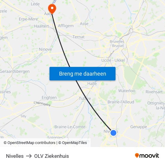 Nivelles to OLV Ziekenhuis map