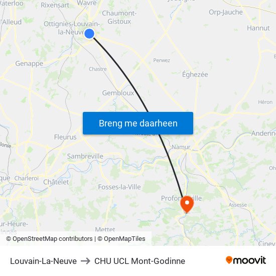 Louvain-La-Neuve to CHU UCL Mont-Godinne map