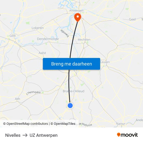 Nivelles to UZ Antwerpen map