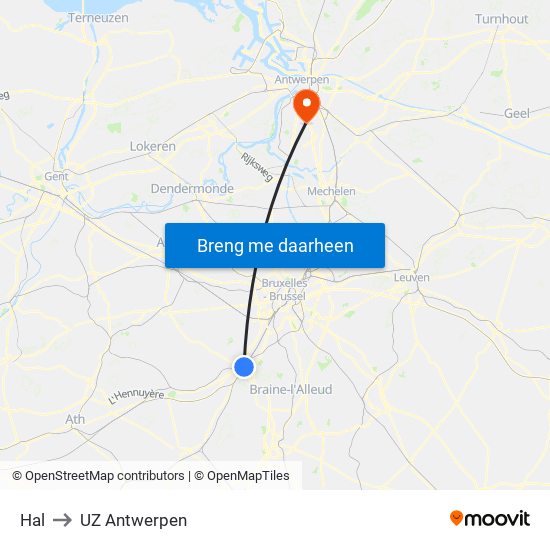 Hal to UZ Antwerpen map