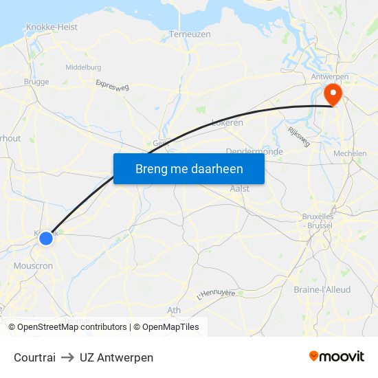 Courtrai to UZ Antwerpen map