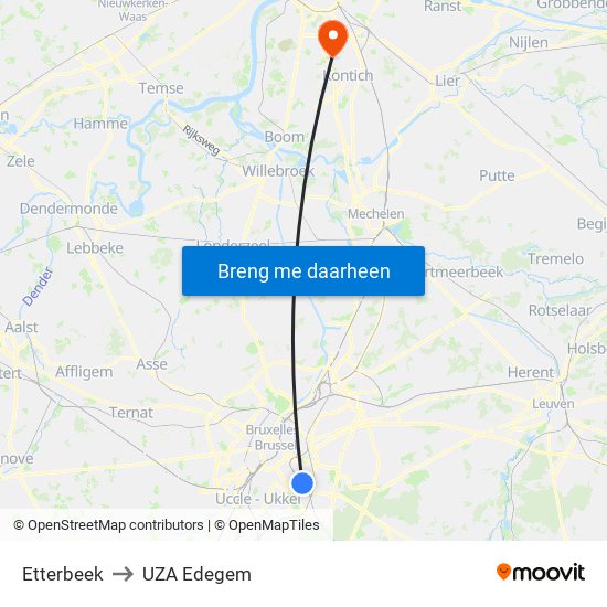 Etterbeek to UZA Edegem map