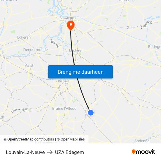 Louvain-La-Neuve to UZA Edegem map