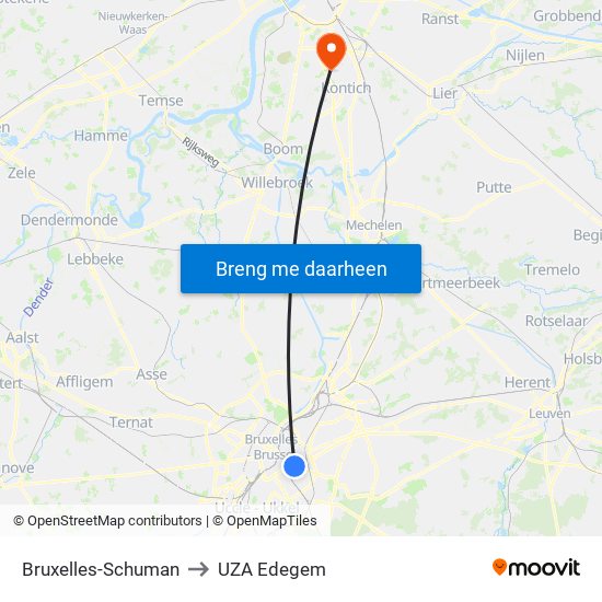 Bruxelles-Schuman to UZA Edegem map