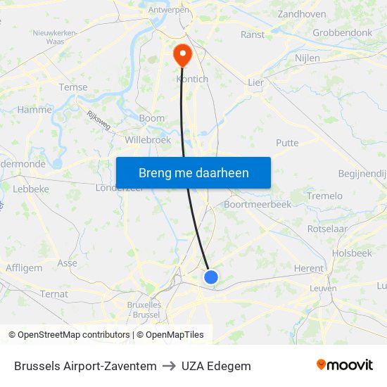 Brussels Airport-Zaventem to UZA Edegem map