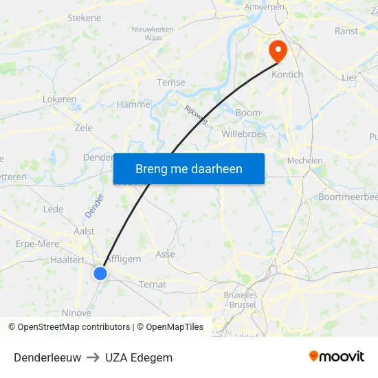 Denderleeuw to UZA Edegem map