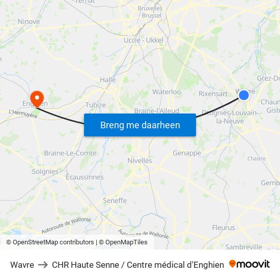 Wavre to CHR Haute Senne / Centre médical d'Enghien map