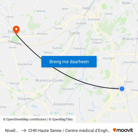 Nivelles to CHR Haute Senne / Centre médical d'Enghien map