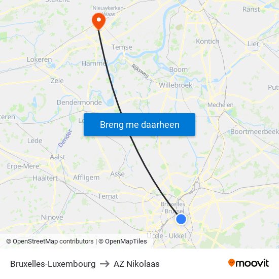 Bruxelles-Luxembourg to AZ Nikolaas map