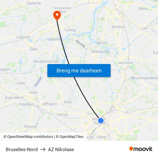 Bruxelles-Nord to AZ Nikolaas map