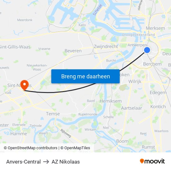 Anvers-Central to AZ Nikolaas map