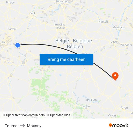 Tournai to Mousny map