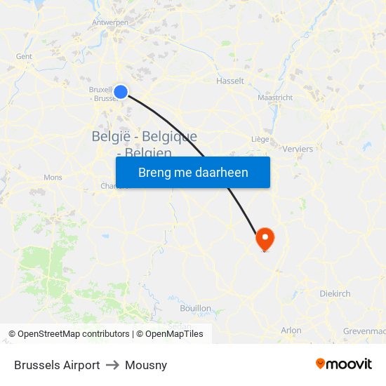 Brussels Airport to Mousny map