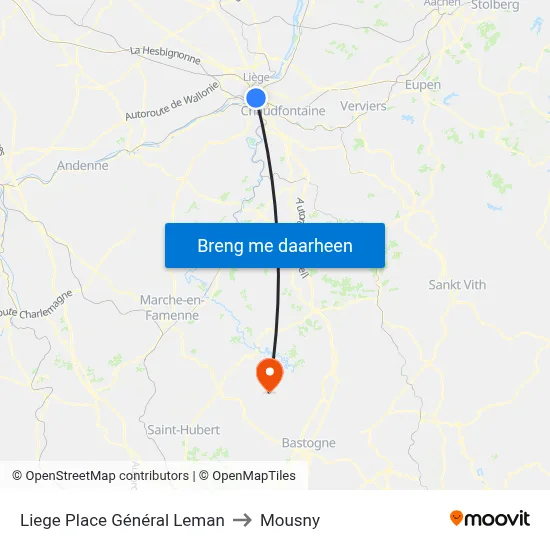 Liege Place Général Leman to Mousny map