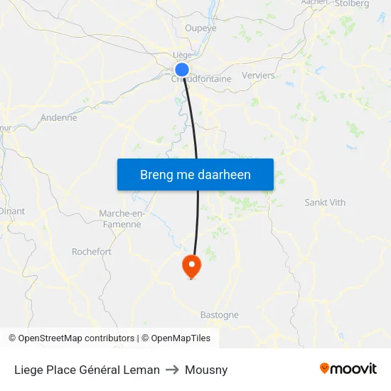 Liege Place Général Leman to Mousny map