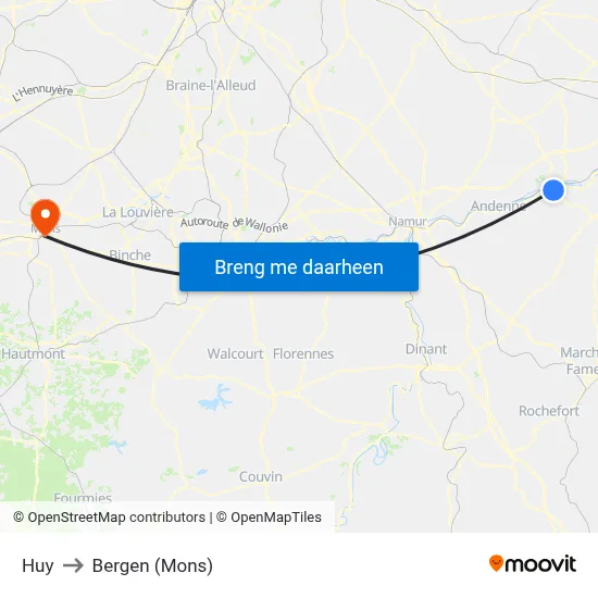 Huy to Bergen (Mons) map
