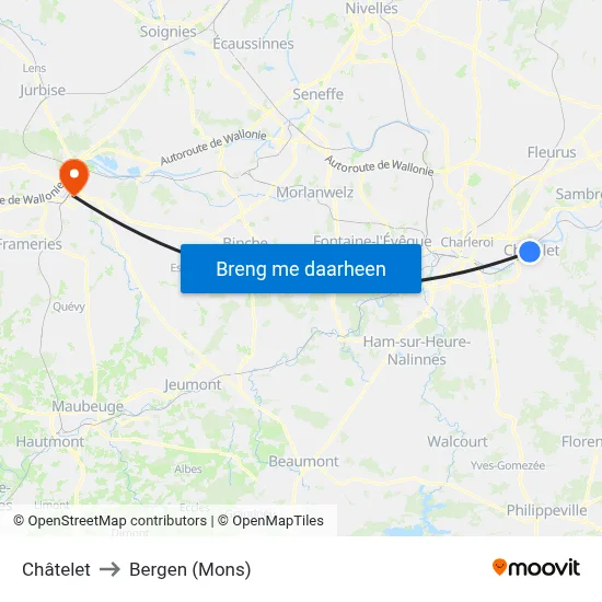 Châtelet to Bergen (Mons) map