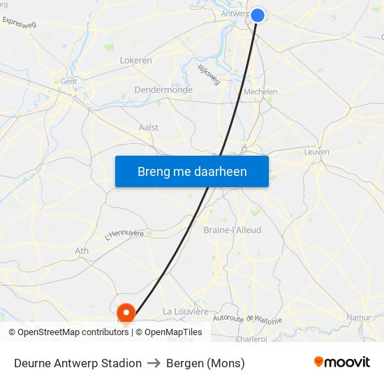 Deurne Antwerp Stadion to Bergen (Mons) map