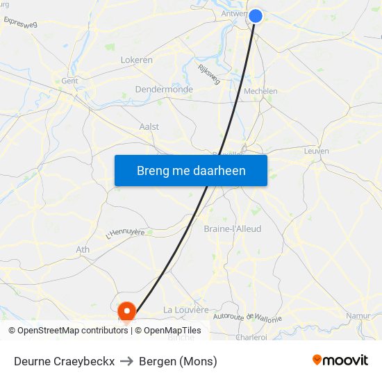 Deurne Craeybeckx to Bergen (Mons) map