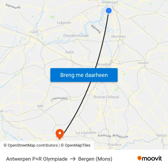 Antwerpen P+R Olympiade to Bergen (Mons) map