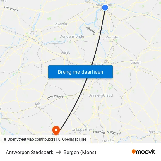 Antwerpen Stadspark to Bergen (Mons) map