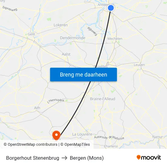 Borgerhout Stenenbrug to Bergen (Mons) map