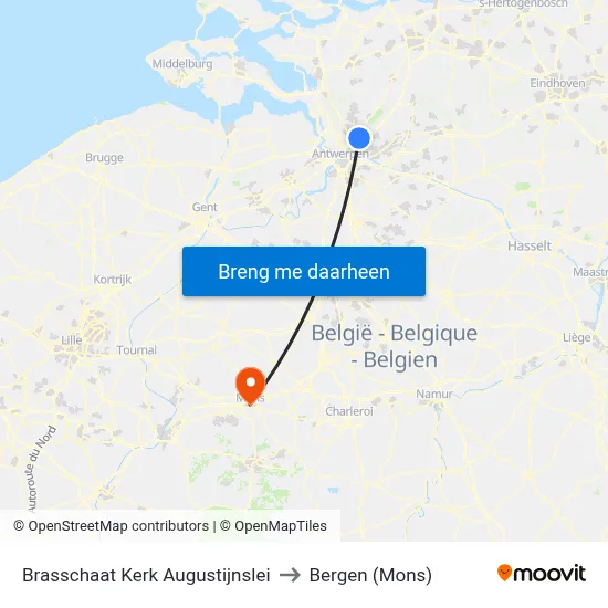 Brasschaat Kerk Augustijnslei to Bergen (Mons) map