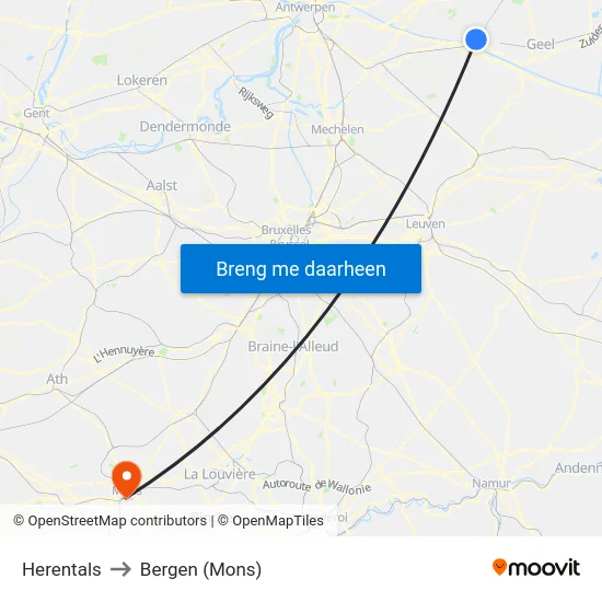 Herentals to Bergen (Mons) map