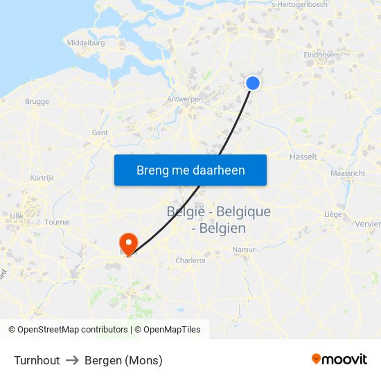 Turnhout to Bergen (Mons) map