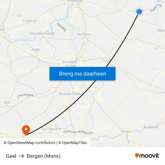 Geel to Bergen (Mons) map