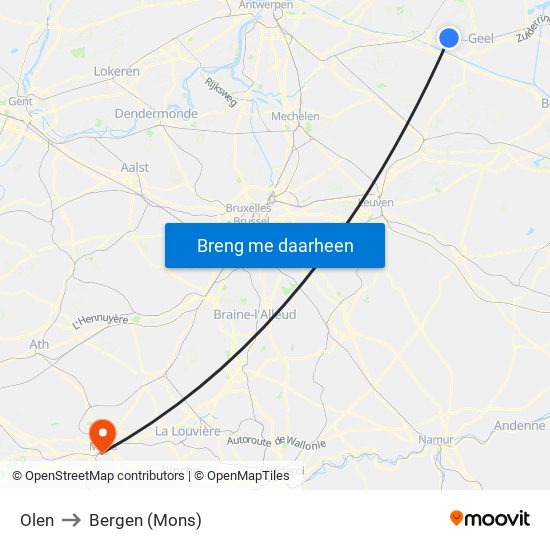 Olen to Bergen (Mons) map