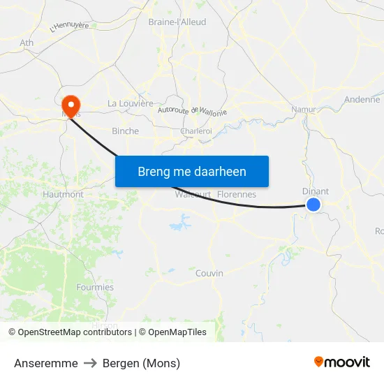 Anseremme to Bergen (Mons) map