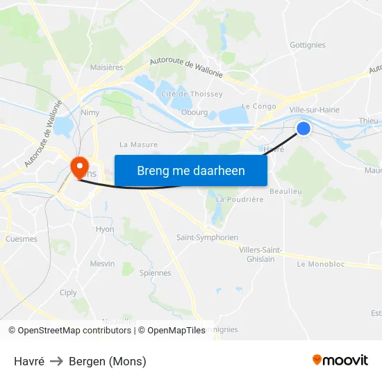 Havré to Bergen (Mons) map