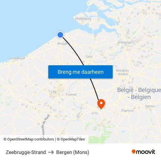 Zeebrugge-Strand to Bergen (Mons) map