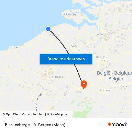 Blankenberge to Bergen (Mons) map