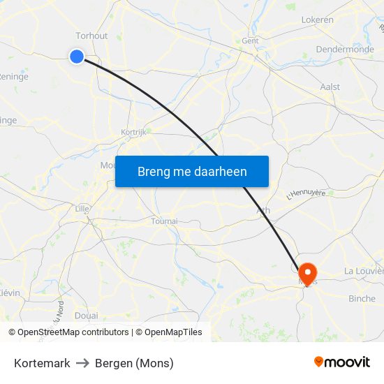 Kortemark to Bergen (Mons) map