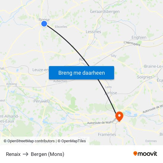 Renaix to Bergen (Mons) map