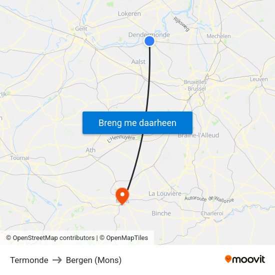 Termonde to Bergen (Mons) map