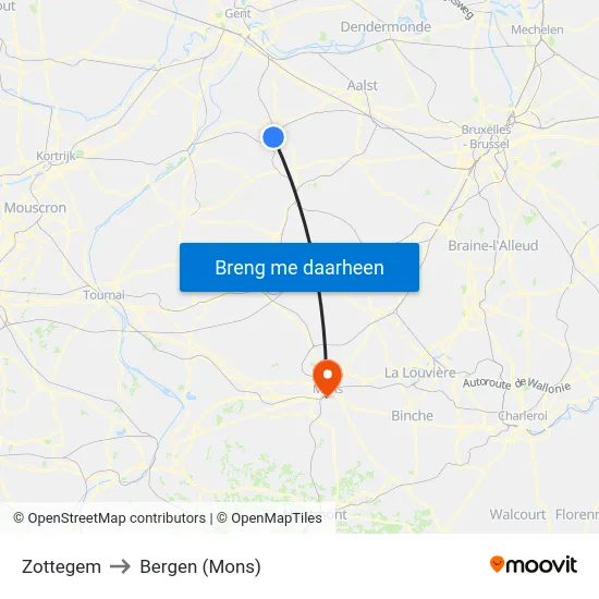 Zottegem to Bergen (Mons) map