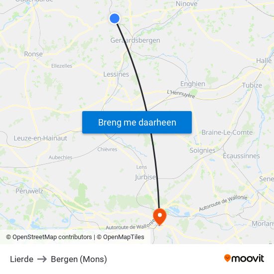Lierde to Bergen (Mons) map