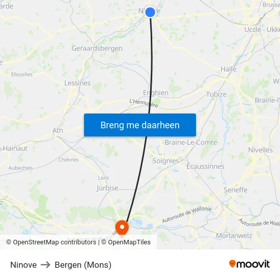 Ninove to Bergen (Mons) map