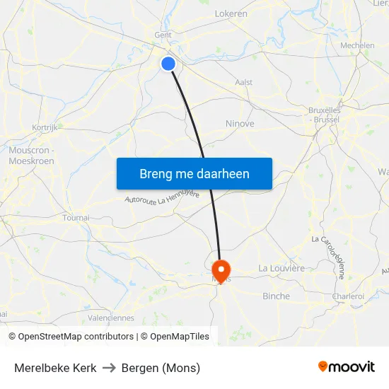 Merelbeke Kerk to Bergen (Mons) map