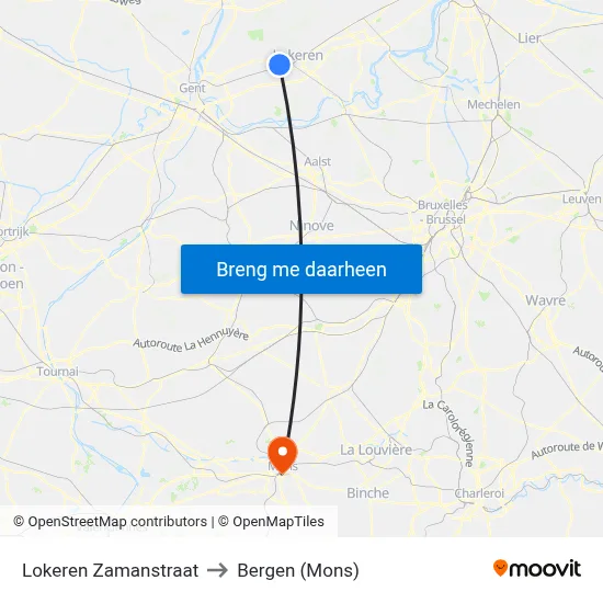 Lokeren Zamanstraat to Bergen (Mons) map